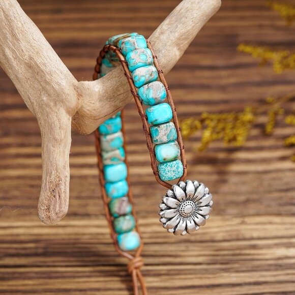 Women Boho Handmade Natural Stone Crystal Leather Bead Wrap Bracelets - Picture 5 of 5